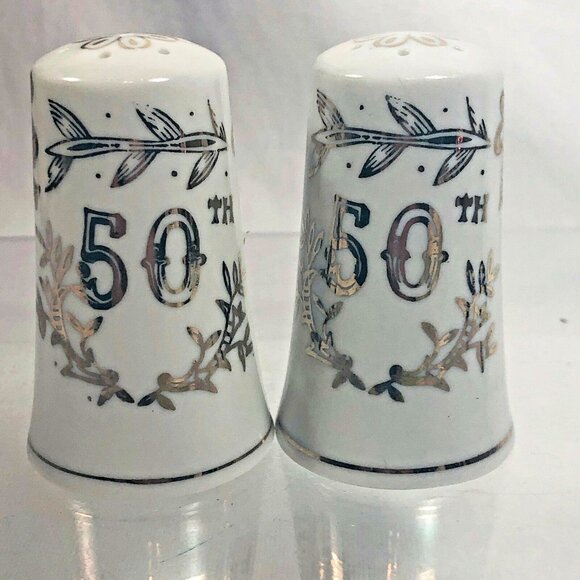 Vintage Lefton 50th Anniversary Salt and Pepper Shaker Set White Gold Trim 1955 - Picture 8 of 11